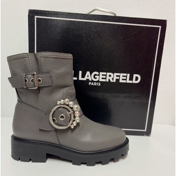 KARL LAGERFELD / Marceau / Grey / Leather Lug-Sole / Combat Boot / With Crystal - Picture 7 of 8